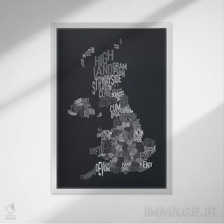 تابلو نقشهٔ متنی شهرستانهای بریتانیا ۲ اثر مایکل تامپست - نمای قابدار سفید