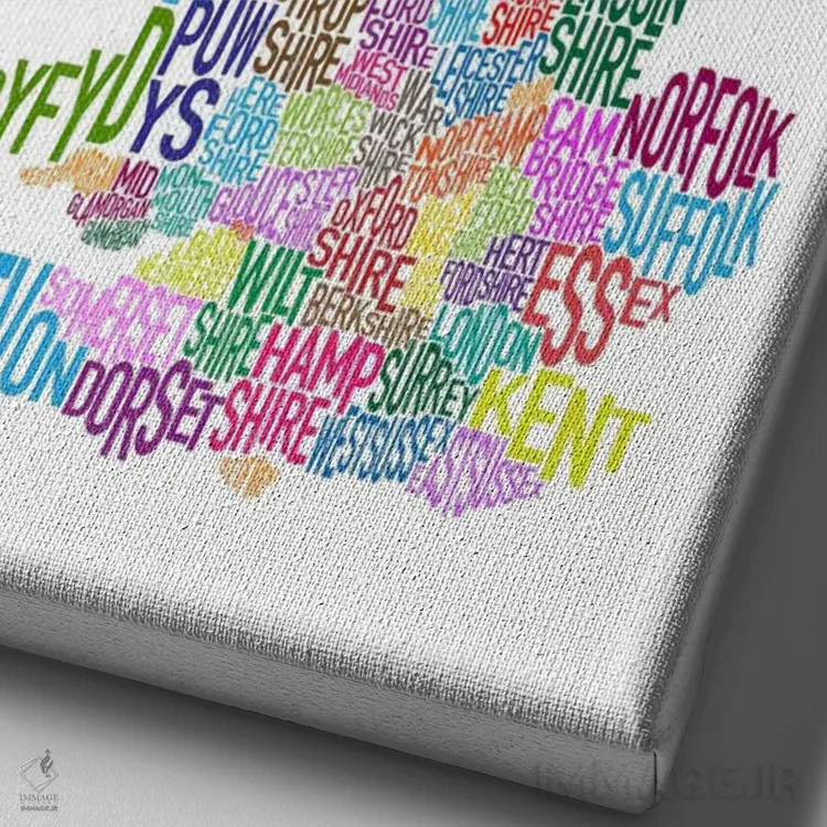 تابلو نقشهٔ متنی شهرستانهای بریتانیا ۳ اثر مایکل تامپست - نمای نزدیک بافت بوم