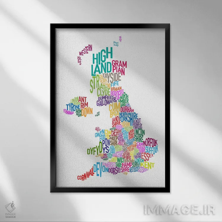 تابلو نقشهٔ متنی شهرستانهای بریتانیا ۳ اثر مایکل تامپست - نمای قابدار مشکی