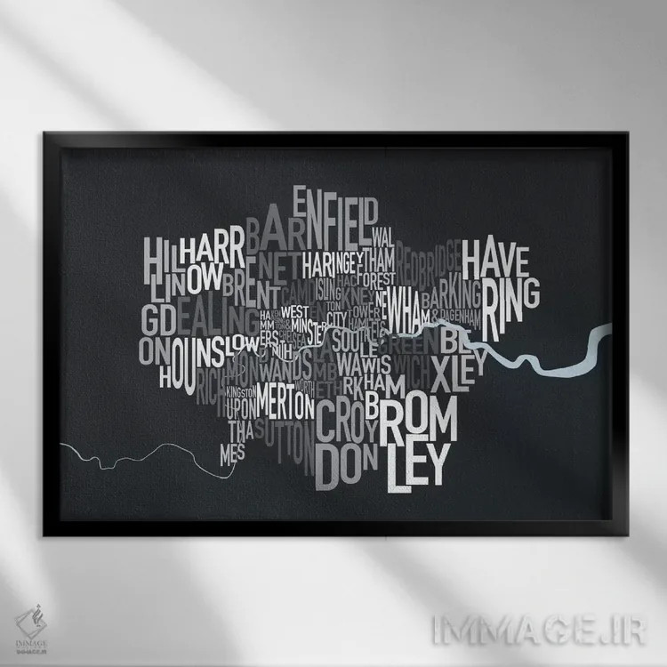 تابلو نقشهٔ متنی لندن اثر مایکل تامپست - نمای قابدار مشکی