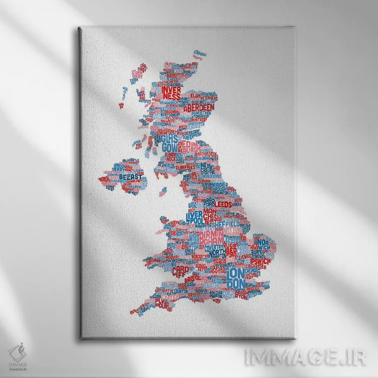 تابلو نقشهٔ متنی شهرهای بریتانیا اثر مایکل تامپست - نمای روبهرو روی دیوار