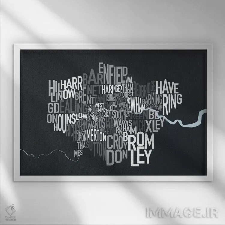 تابلو نقشهٔ متنی لندن اثر مایکل تامپست - نمای قابدار سفید