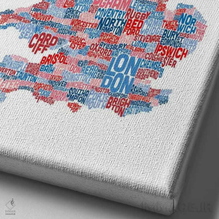 تابلو نقشهٔ متنی شهرهای بریتانیا اثر مایکل تامپست - نمای نزدیک بافت بوم