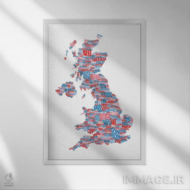 تابلو نقشهٔ متنی شهرهای بریتانیا اثر مایکل تامپست - نمای قابدار سفید