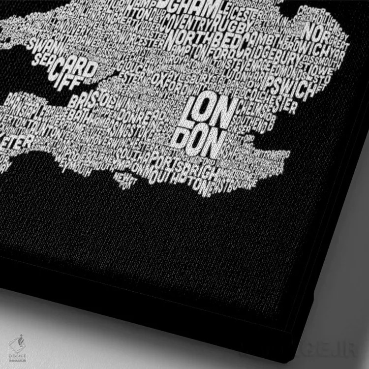 تابلو نقشهٔ متنی شهرهای بریتانیا ۲ اثر مایکل تامپست - نمای نزدیک بافت بوم