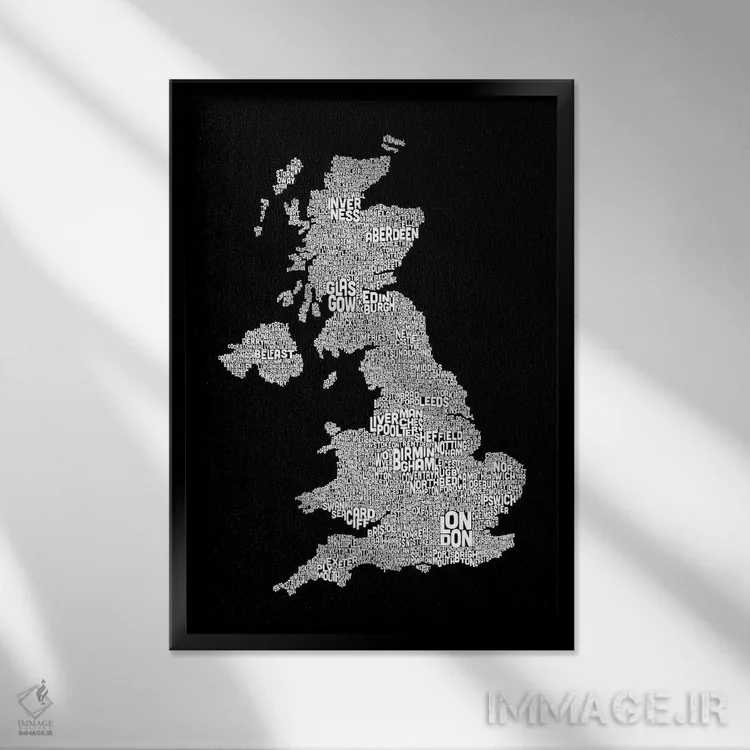 تابلو نقشهٔ متنی شهرهای بریتانیا ۲ اثر مایکل تامپست - نمای قابدار مشکی