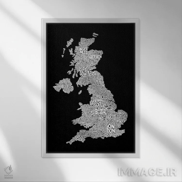 تابلو نقشهٔ متنی شهرهای بریتانیا ۲ اثر مایکل تامپست - نمای قابدار سفید