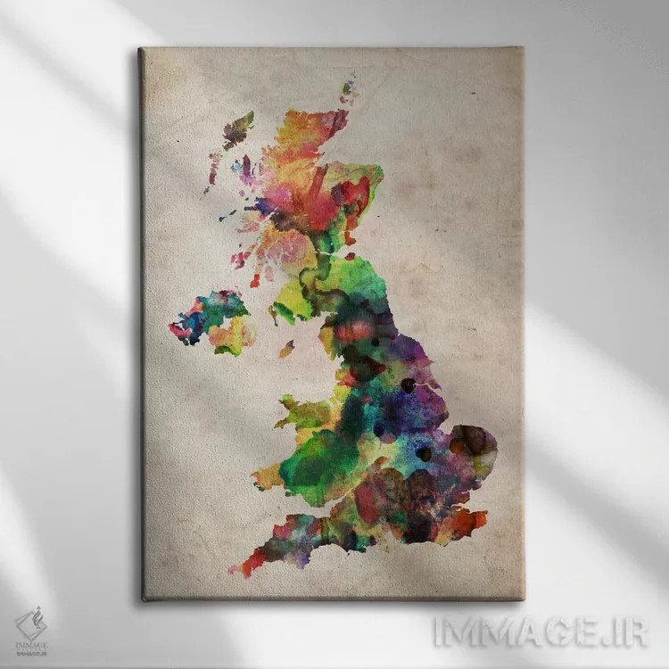 تابلو نقشهٔ پادشاهی متحد با آبرنگ اثر مایکل تامپست - نمای روبهرو روی دیوار