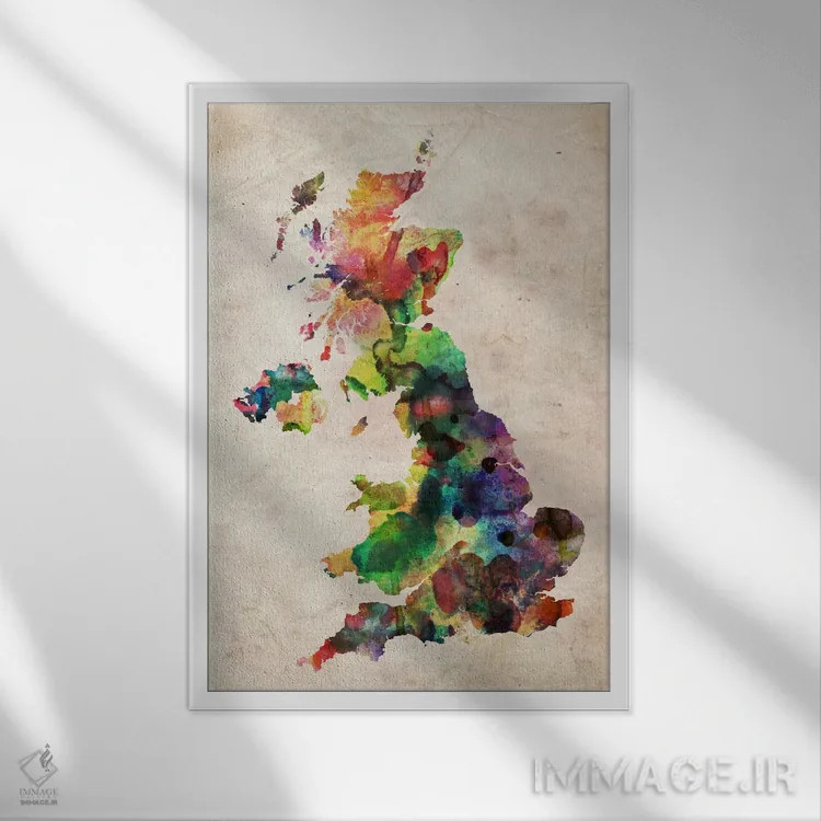 تابلو نقشهٔ پادشاهی متحد با آبرنگ اثر مایکل تامپست - نمای قابدار سفید