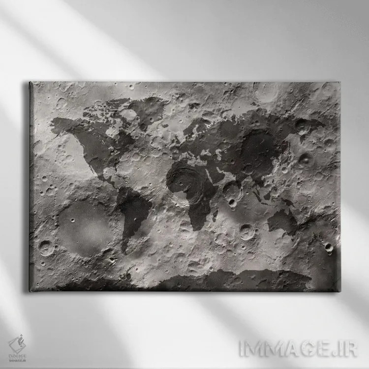 تابلو نقشهٔ جهان بر سطح ماه اثر مایکل تامپست - نمای روبهرو روی دیوار