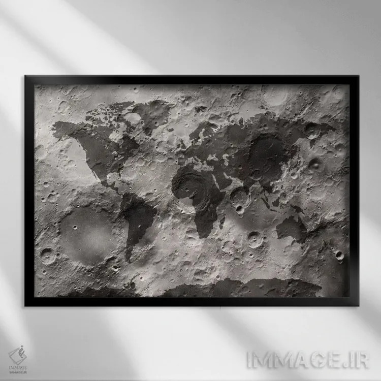 تابلو نقشهٔ جهان بر سطح ماه اثر مایکل تامپست - نمای قابدار مشکی