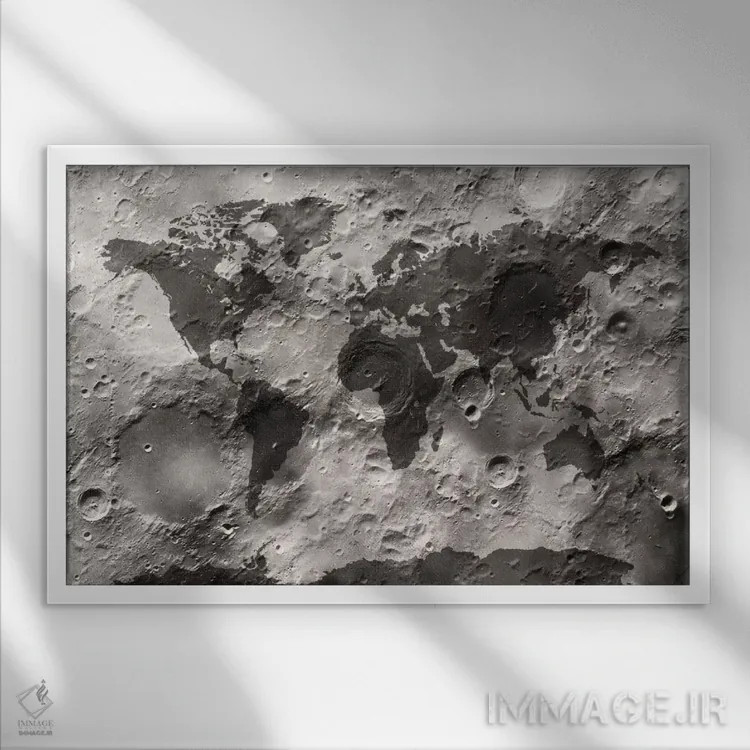 تابلو نقشهٔ جهان بر سطح ماه اثر مایکل تامپست - نمای قابدار سفید