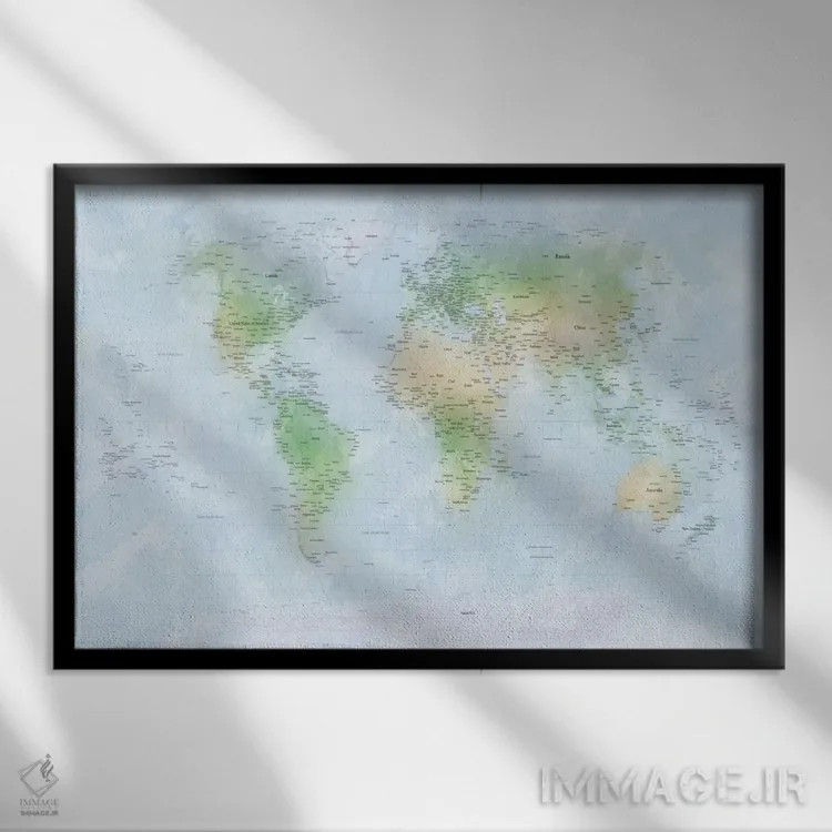 تابلو نقشهٔ جهان ۳ اثر مایکل تامپست - نمای قابدار مشکی