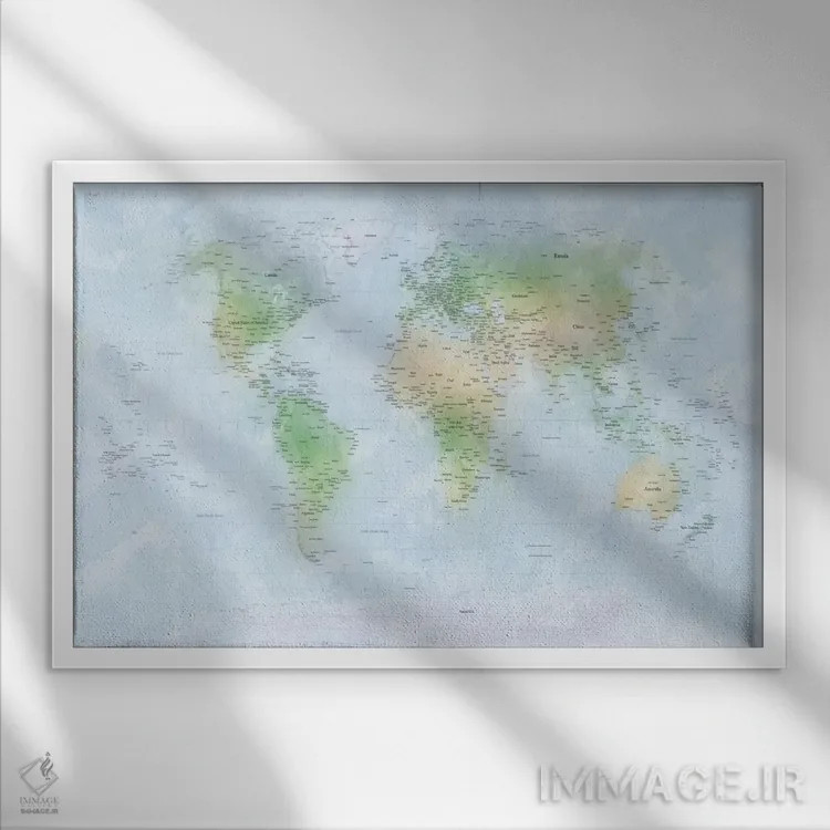 تابلو نقشهٔ جهان ۳ اثر مایکل تامپست - نمای قابدار سفید
