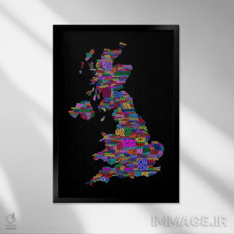 تابلو نقشهٔ متنی شهرهای بریتانیا (مشکی) اثر مایکل تامپست - نمای قابدار مشکی