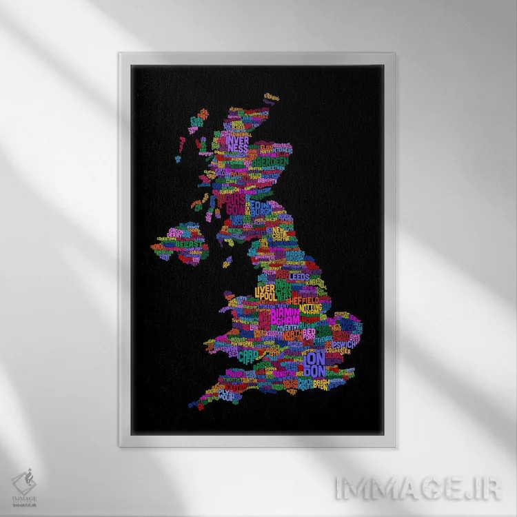 تابلو نقشهٔ متنی شهرهای بریتانیا (مشکی) اثر مایکل تامپست - نمای قابدار سفید