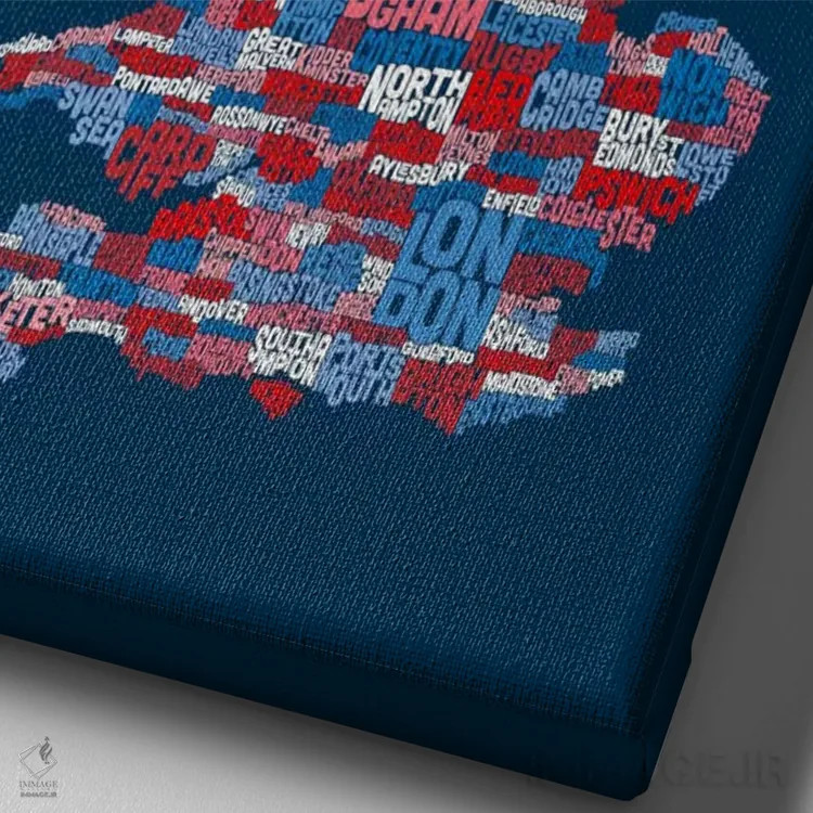 تابلو نقشهٔ متنی آبی شهرهای بریتانیا اثر مایکل تامپست - نمای نزدیک بافت بوم
