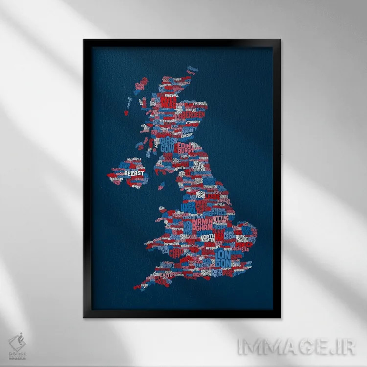 تابلو نقشهٔ متنی آبی شهرهای بریتانیا اثر مایکل تامپست - نمای قابدار مشکی