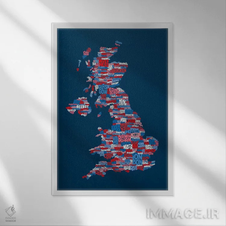 تابلو نقشهٔ متنی آبی شهرهای بریتانیا اثر مایکل تامپست - نمای قابدار سفید