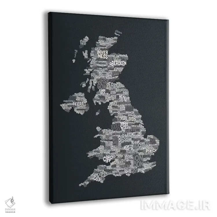 تابلو نقشهٔ متنی شهرهای بریتانیا (خاکستری) اثر مایکل تامپست - نمای پرسپکتیو محصول