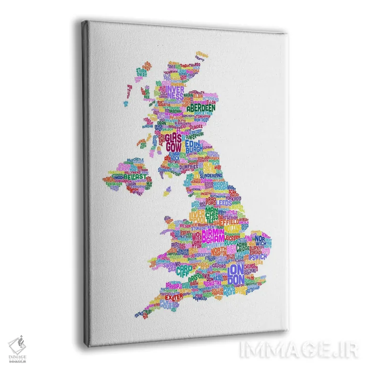 تابلو نقشهٔ متنی شهرهای بریتانیا (سفید) اثر مایکل تامپست - نمای پرسپکتیو محصول