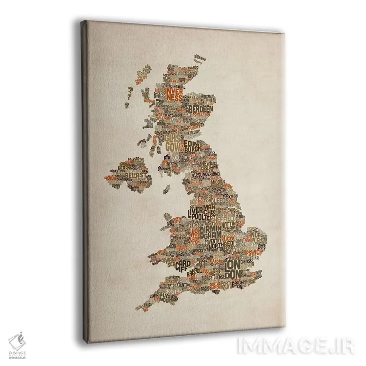 تابلو نقشهٔ متنی شهرهای بریتانیا و بریتانیای کبیر II اثر مایکل تامپست - نمای پرسپکتیو محصول