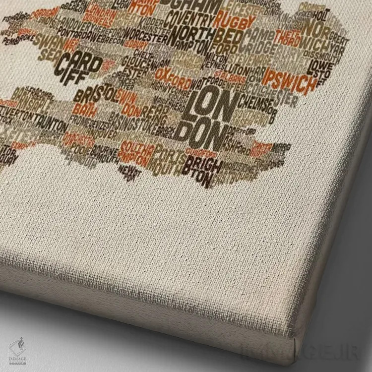 تابلو نقشهٔ متنی شهرهای بریتانیا و بریتانیای کبیر II اثر مایکل تامپست - نمای نزدیک بافت بوم