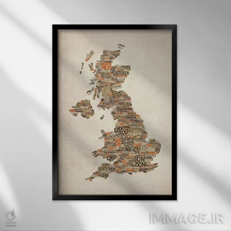 تابلو نقشهٔ متنی شهرهای بریتانیا و بریتانیای کبیر II اثر مایکل تامپست - نمای قابدار مشکی