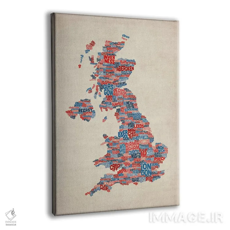 تابلو نقشهٔ متنی شهرهای بریتانیا و بریتانیای کبیر بر زمینهٔ سفید اثر مایکل تامپست - نمای پرسپکتیو محصول