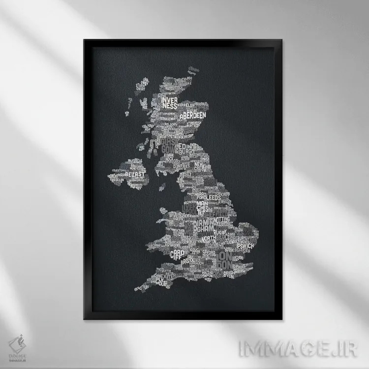 تابلو نقشهٔ متنی شهرهای بریتانیا (خاکستری) اثر مایکل تامپست - نمای قابدار مشکی