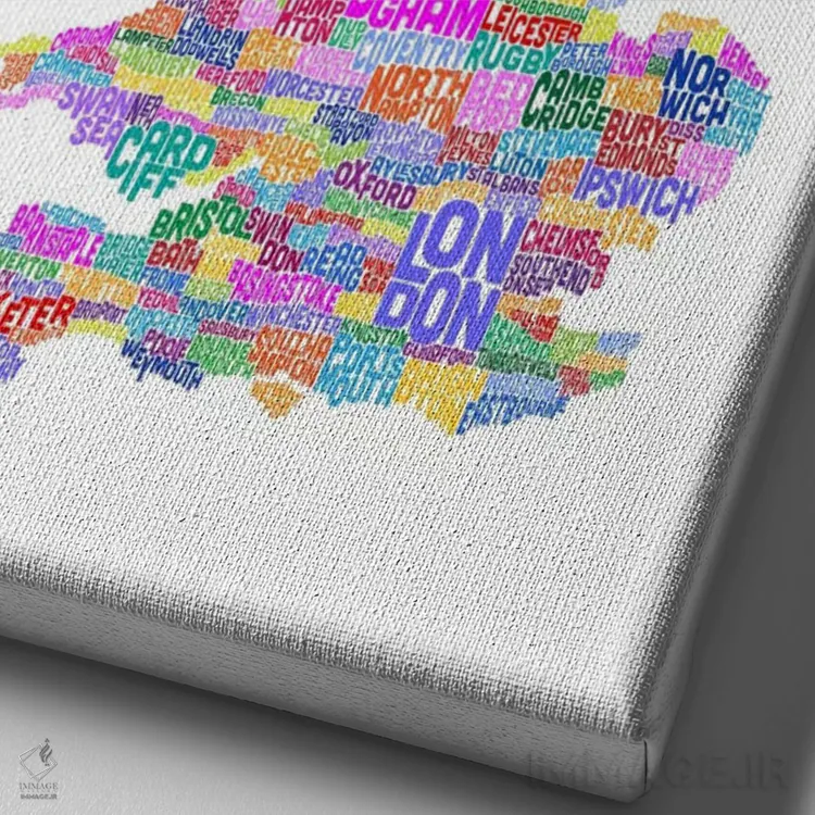 تابلو نقشهٔ متنی شهرهای بریتانیا (سفید) اثر مایکل تامپست - نمای نزدیک بافت بوم