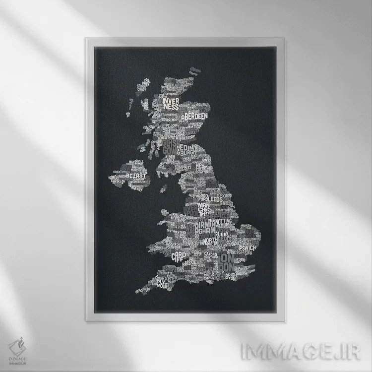 تابلو نقشهٔ متنی شهرهای بریتانیا (خاکستری) اثر مایکل تامپست - نمای قابدار سفید