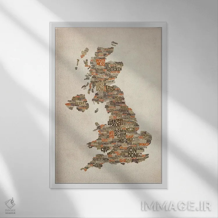 تابلو نقشهٔ متنی شهرهای بریتانیا و بریتانیای کبیر II اثر مایکل تامپست - نمای قابدار سفید