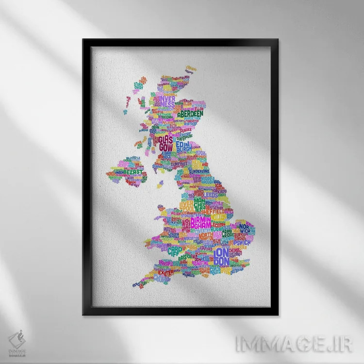 تابلو نقشهٔ متنی شهرهای بریتانیا (سفید) اثر مایکل تامپست - نمای قابدار مشکی