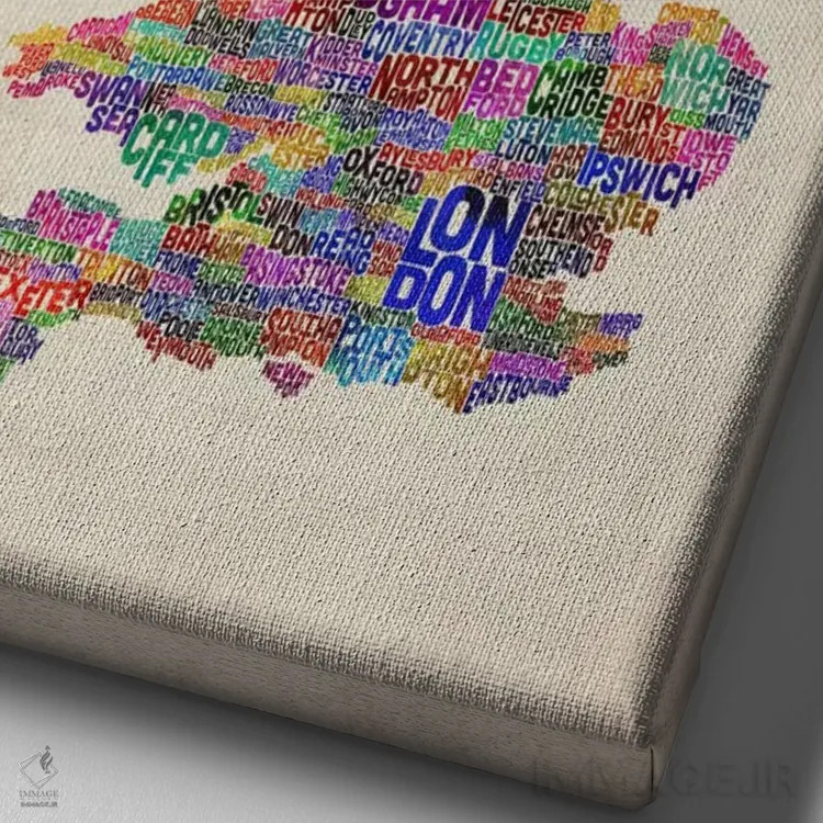 تابلو نقشهٔ متنی شهرهای بریتانیا و بریتانیای کبیر IV اثر مایکل تامپست - نمای نزدیک بافت بوم