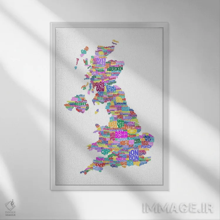 تابلو نقشهٔ متنی شهرهای بریتانیا (سفید) اثر مایکل تامپست - نمای قابدار سفید