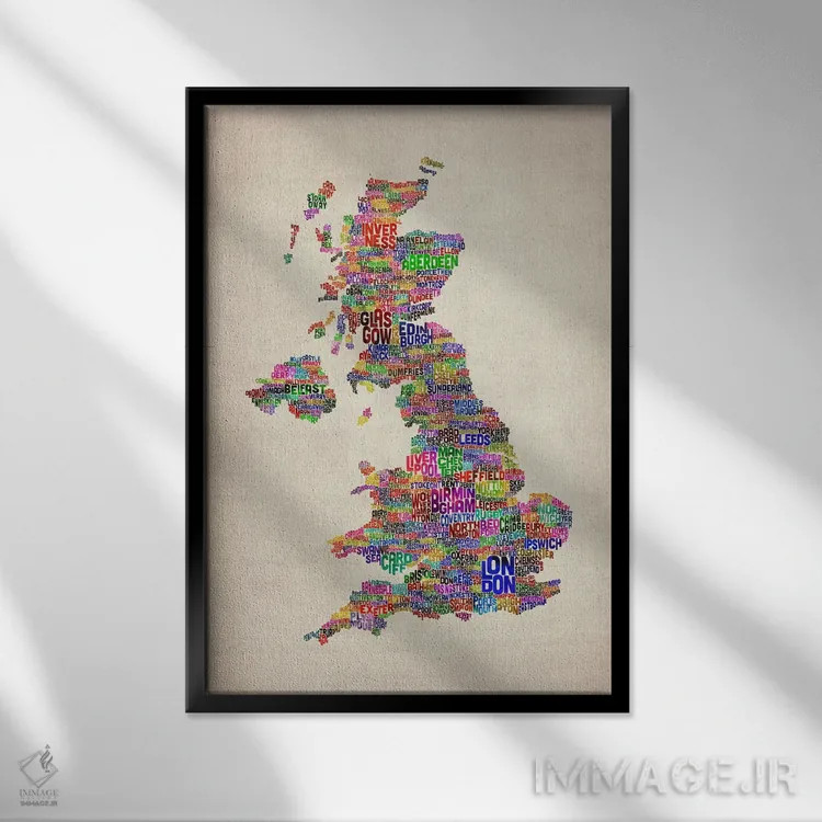 تابلو نقشهٔ متنی شهرهای بریتانیا و بریتانیای کبیر IV اثر مایکل تامپست - نمای قابدار مشکی