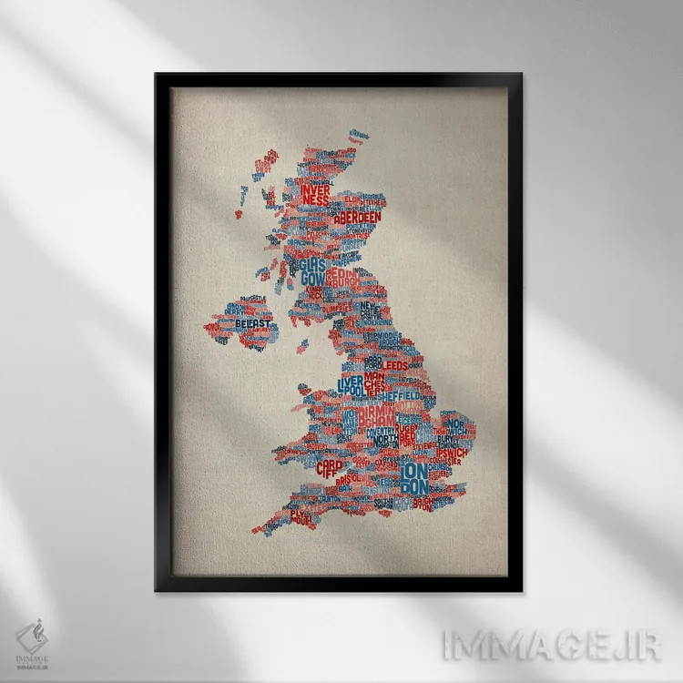 تابلو نقشهٔ متنی شهرهای بریتانیا و بریتانیای کبیر بر زمینهٔ سفید اثر مایکل تامپست - نمای قابدار مشکی