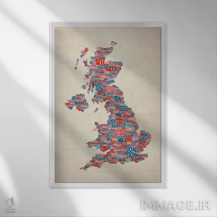 تابلو نقشهٔ متنی شهرهای بریتانیا و بریتانیای کبیر بر زمینهٔ سفید اثر مایکل تامپست - نمای قابدار سفید