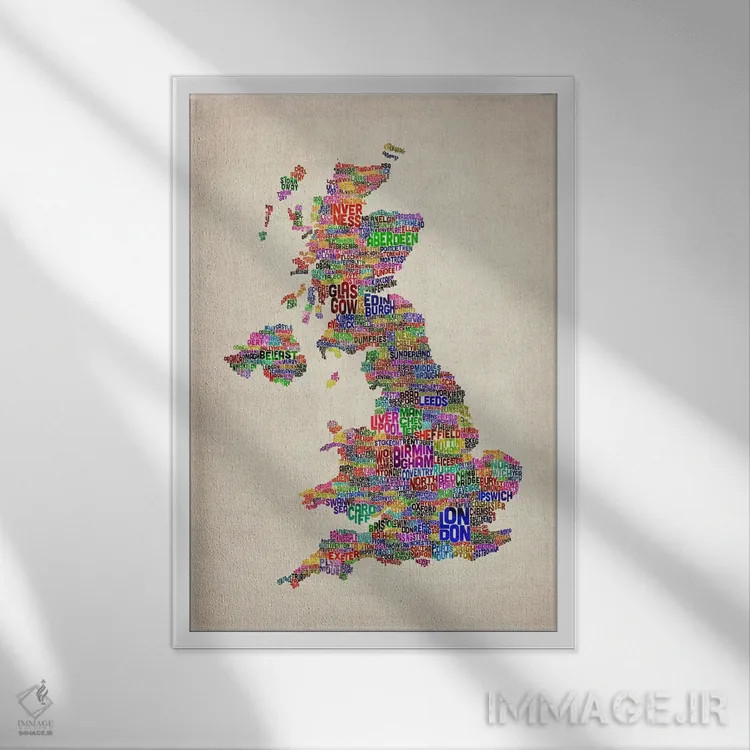 تابلو نقشهٔ متنی شهرهای بریتانیا و بریتانیای کبیر IV اثر مایکل تامپست - نمای قابدار سفید