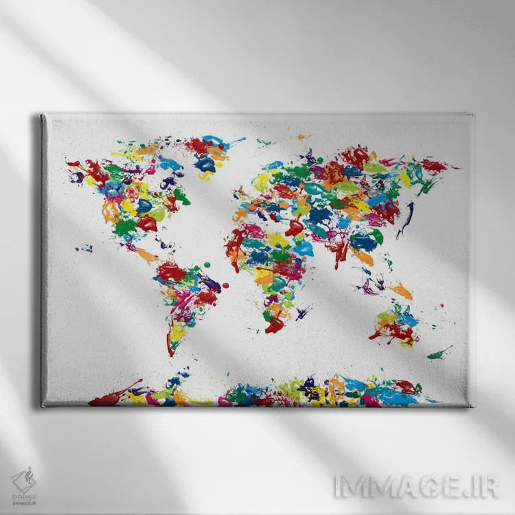 تابلو نقشهٔ جهان با لکههای رنگ اثر مایکل تامپست - نمای روبهرو روی دیوار
