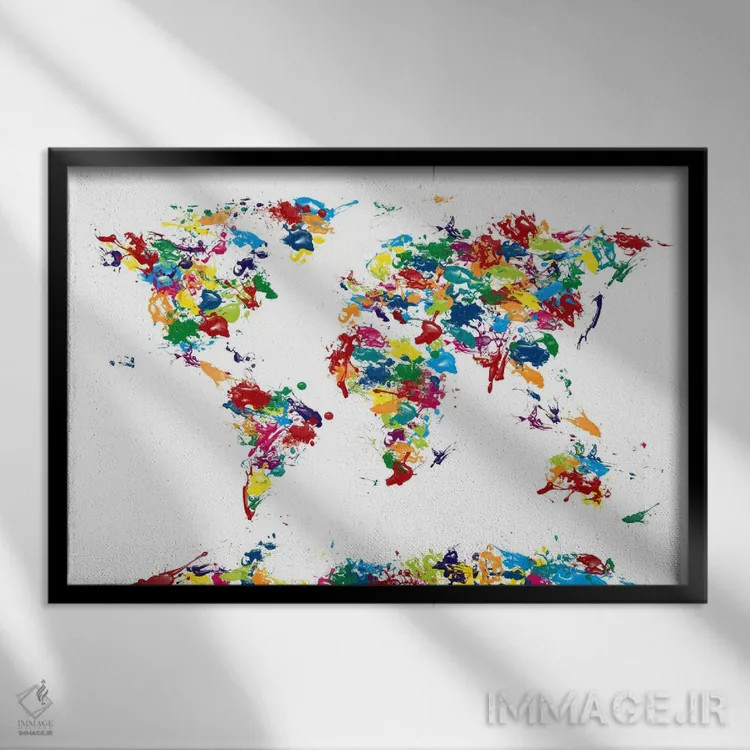 تابلو نقشهٔ جهان با لکههای رنگ اثر مایکل تامپست - نمای قابدار مشکی
