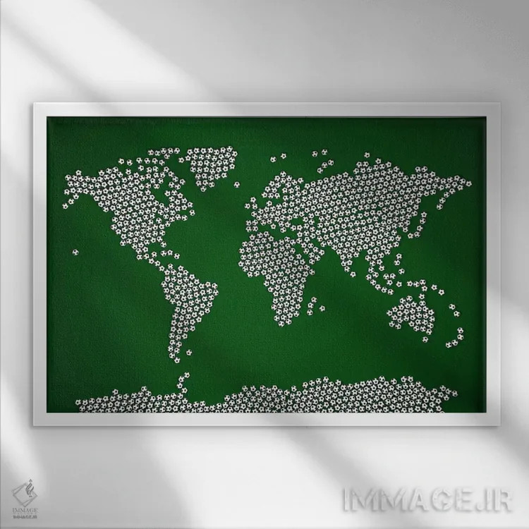 تابلو نقشهٔ جهان با توپهای فوتبال اثر مایکل تامپست - نمای قابدار سفید