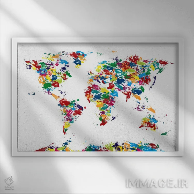 تابلو نقشهٔ جهان با لکههای رنگ اثر مایکل تامپست - نمای قابدار سفید