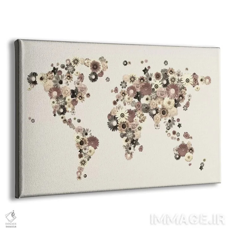 تابلو نقشهٔ جهان با گلها (قهوهای سپیا) اثر مایکل تامپست - نمای پرسپکتیو محصول