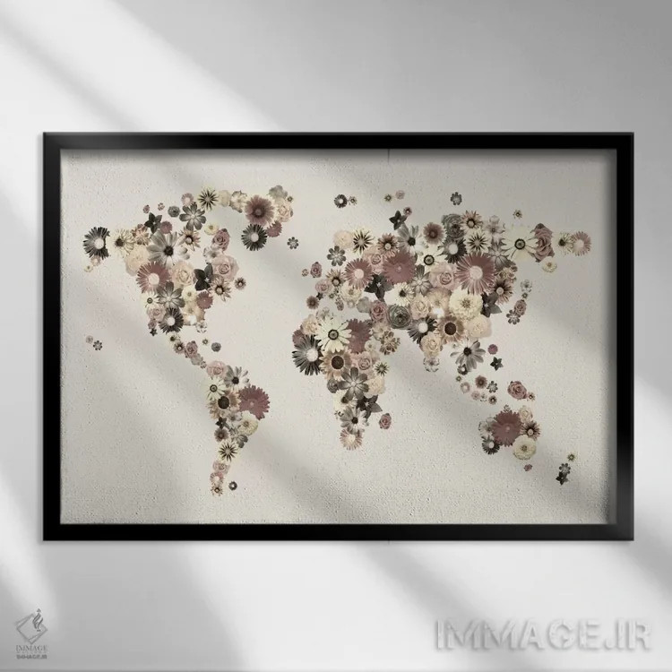 تابلو نقشهٔ جهان با گلها (قهوهای سپیا) اثر مایکل تامپست - نمای قابدار مشکی