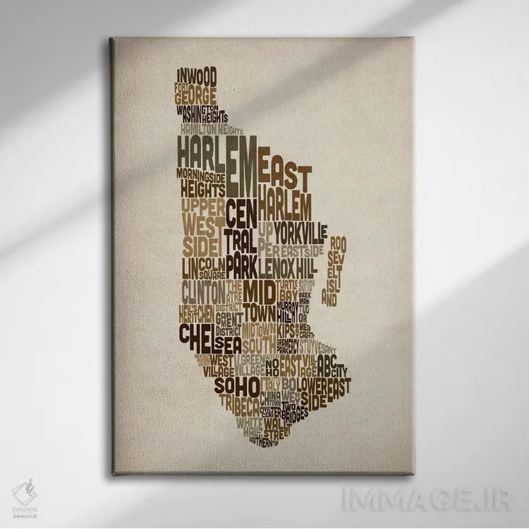 تابلو نقشهٔ تایپوگرافیک نیویورک III اثر مایکل تامپست - نمای روبهرو روی دیوار