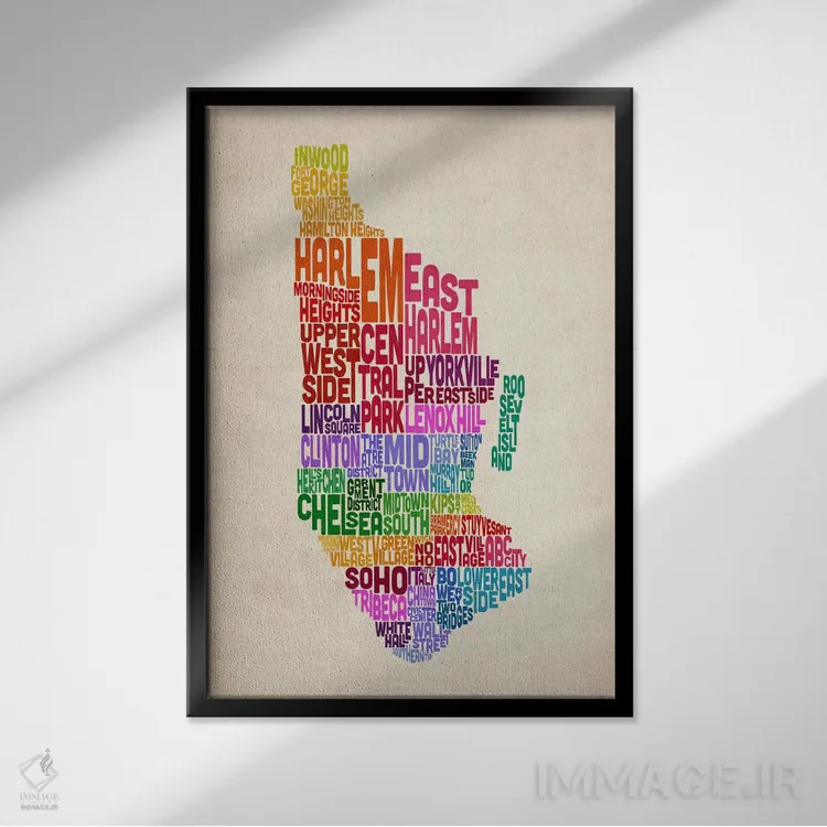 تابلو نقشهٔ تایپوگرافیک نیویورک II اثر مایکل تامپست - نمای قابدار مشکی