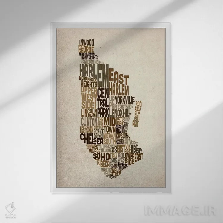 تابلو نقشهٔ تایپوگرافیک نیویورک III اثر مایکل تامپست - نمای قابدار سفید