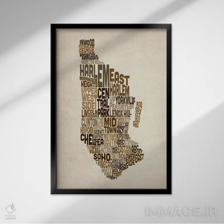 تابلو نقشهٔ تایپوگرافیک نیویورک III اثر مایکل تامپست - نمای قابدار مشکی